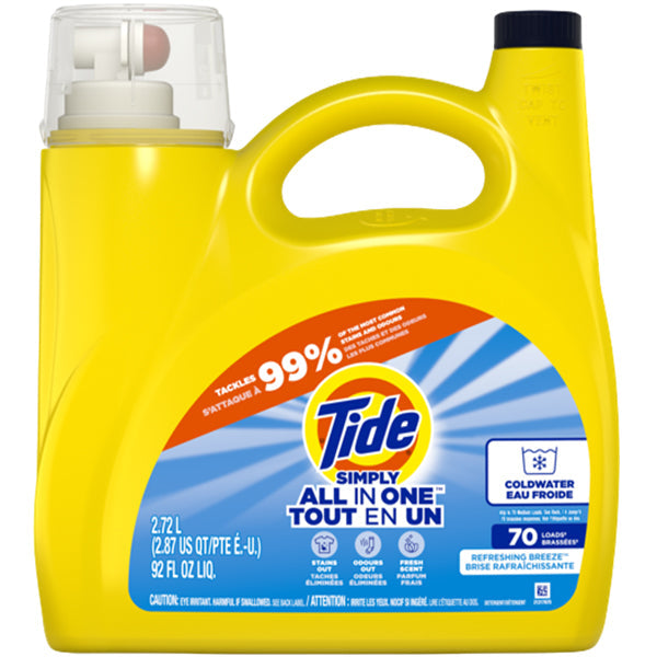 TIDE SIMPLY ALL IN ONE LIQUID DETERGENT REFRESHING BREEZE 70 LOADS 2.72LT