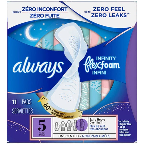 MIA FOOD SERVICE ALWAYS INFINITY SIZE 5 OVERNIGHT WITH FLEXIWINGS UNSCENTED 11EA ALWAYS INFINITY SIZE 5 OVERNIGHT WITH FLEXIWINGS UNSCENTED 11EA