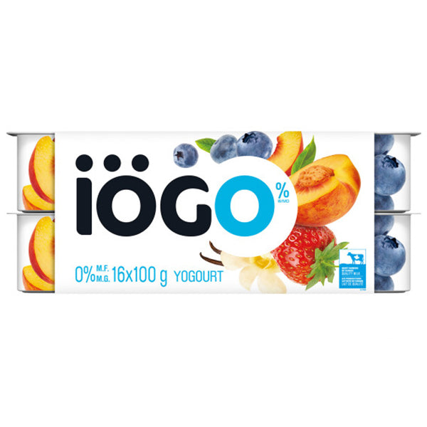 IOGO 0% STRAWBERRY, BLUEBERRY, PEACH & VANILLA YOGURT 16x100GR