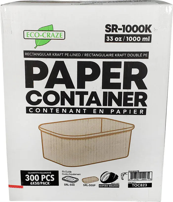 MIA Food Service ECO-CRAZE 1L PE LINED PAPER CONTAINERS RECTANGLE 6X50EA ECO-CRAZE 1L PE LINED PAPER CONTAINERS RECTANGLE 6X50EA