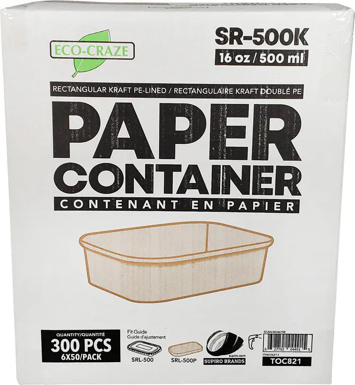 MIA Food Service ECO-CRAZE 500ML PE LINED PAPER CONTAINERS RECTANGLE 6X50EA ECO-CRAZE 500ML PE LINED PAPER CONTAINERS RECTANGLE 6X50EA