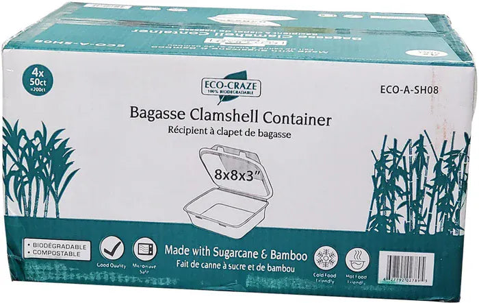 MIA Food Service ECO-CRAZE 8X8 BAGASSE CLAMSHELL CONTAINERS 4X50EA ECO-CRAZE 8X8 BAGASSE CLAMSHELL CONTAINERS 4X50EA