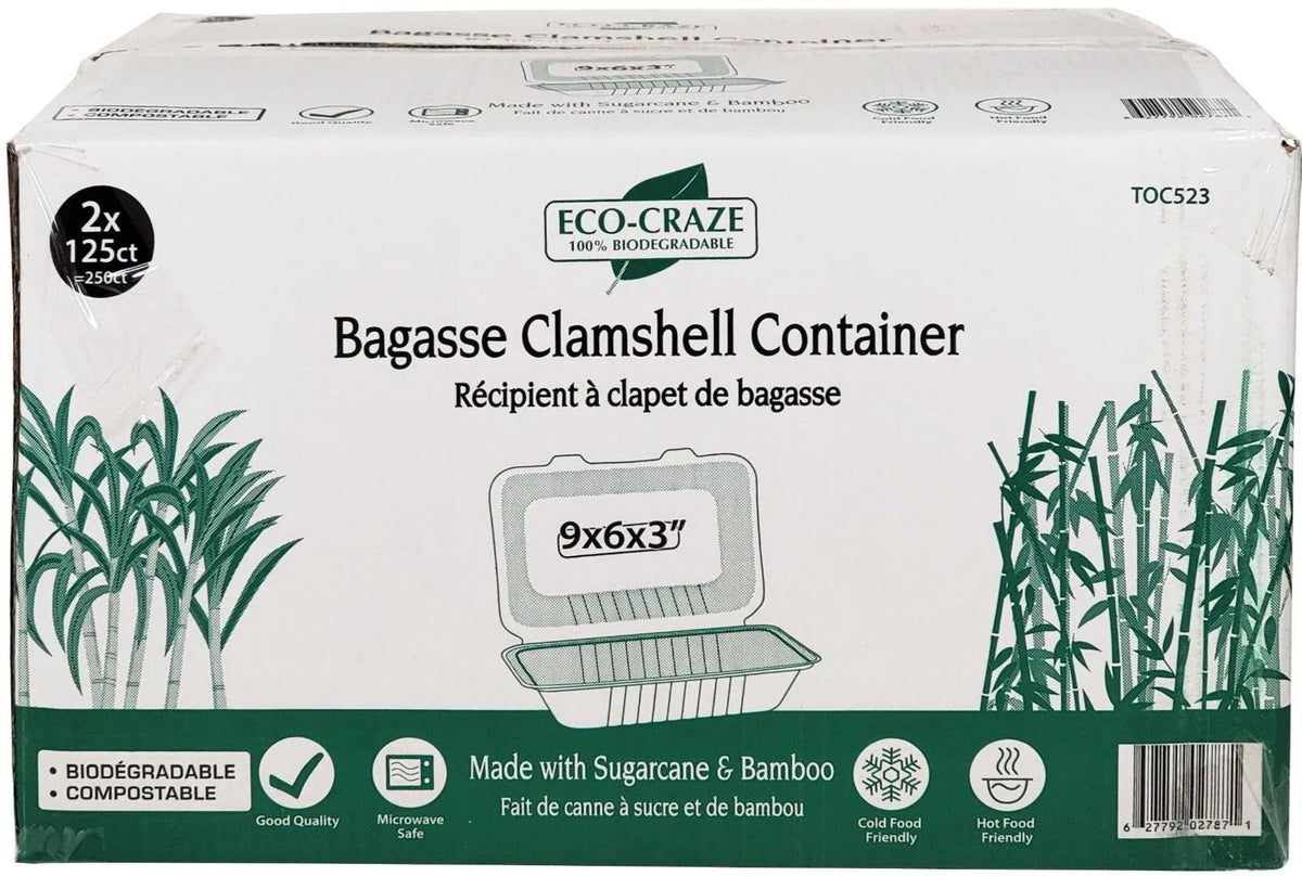 Mia Food Service ECO-CRAZE 9X6X3 BAGASSE CLAMSHELL CONTAINERS 2X125EA ECO-CRAZE 9X6X3 BAGASSE CLAMSHELL CONTAINERS 2X125EA