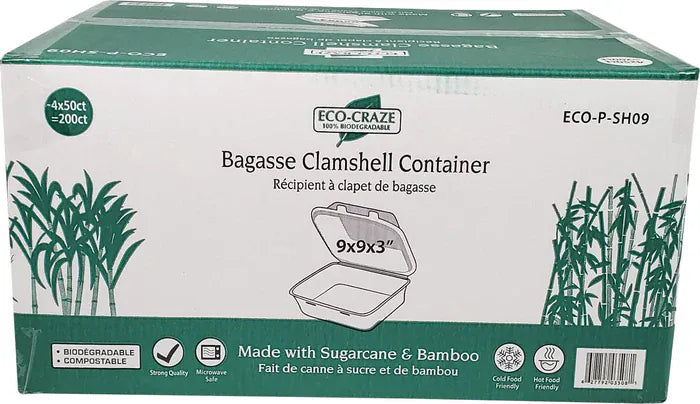 MIA Food Service ECO-CRAZE 9X9X3 COMPARTMENT BAGASSE CLAMSHELL CONTAINERS 4X50EA ECO-CRAZE 9X9X3 COMPARTMENT BAGASSE CLAMSHELL CONTAINERS 4X50EA