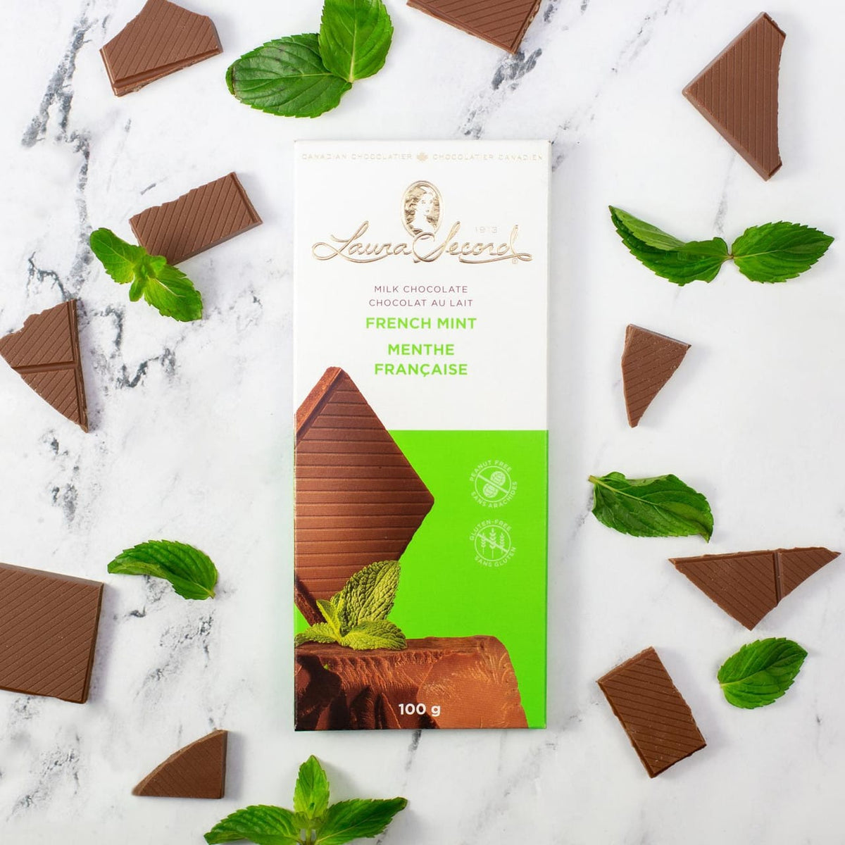 MIA Food Service LAURA SECORD FRENCH MINT CHOCOLATE BARS 12X100GR LAURA SECORD FRENCH MINT CHOCOLATE BARS 12X100GR