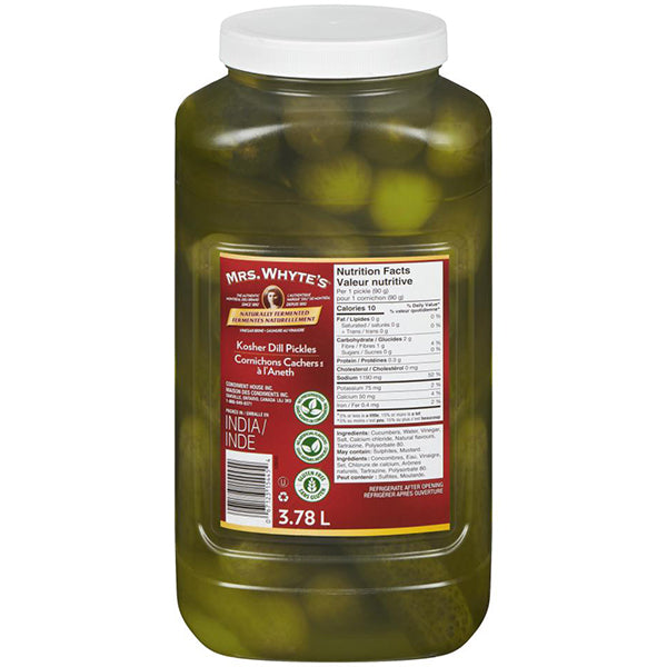 MRS WHYTES WHOLE KOSHER DILL PICKLES 3.78LT