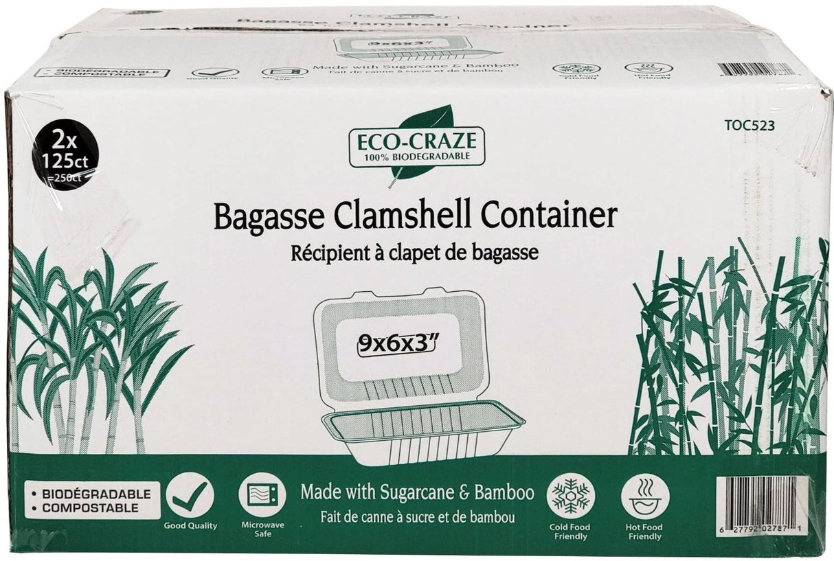 ECO-CRAZE 9X6X3 BAGASSE CLAMSHELL CONTAINERS 2X125EA