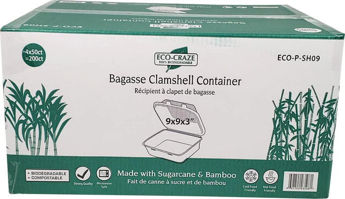 ECO-CRAZE 9X9X3 COMPARTMENT BAGASSE CLAMSHELL CONTAINERS 4X50EA