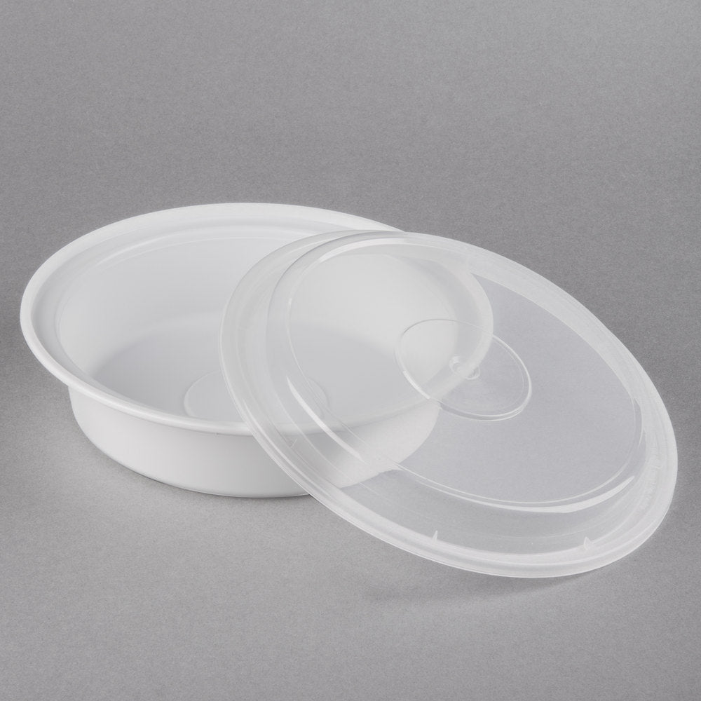 E2E 24OZ 7" MEDIUM ROUND FOOD CONTAINERS WHITE BASE CLEAR LIDS 150EA